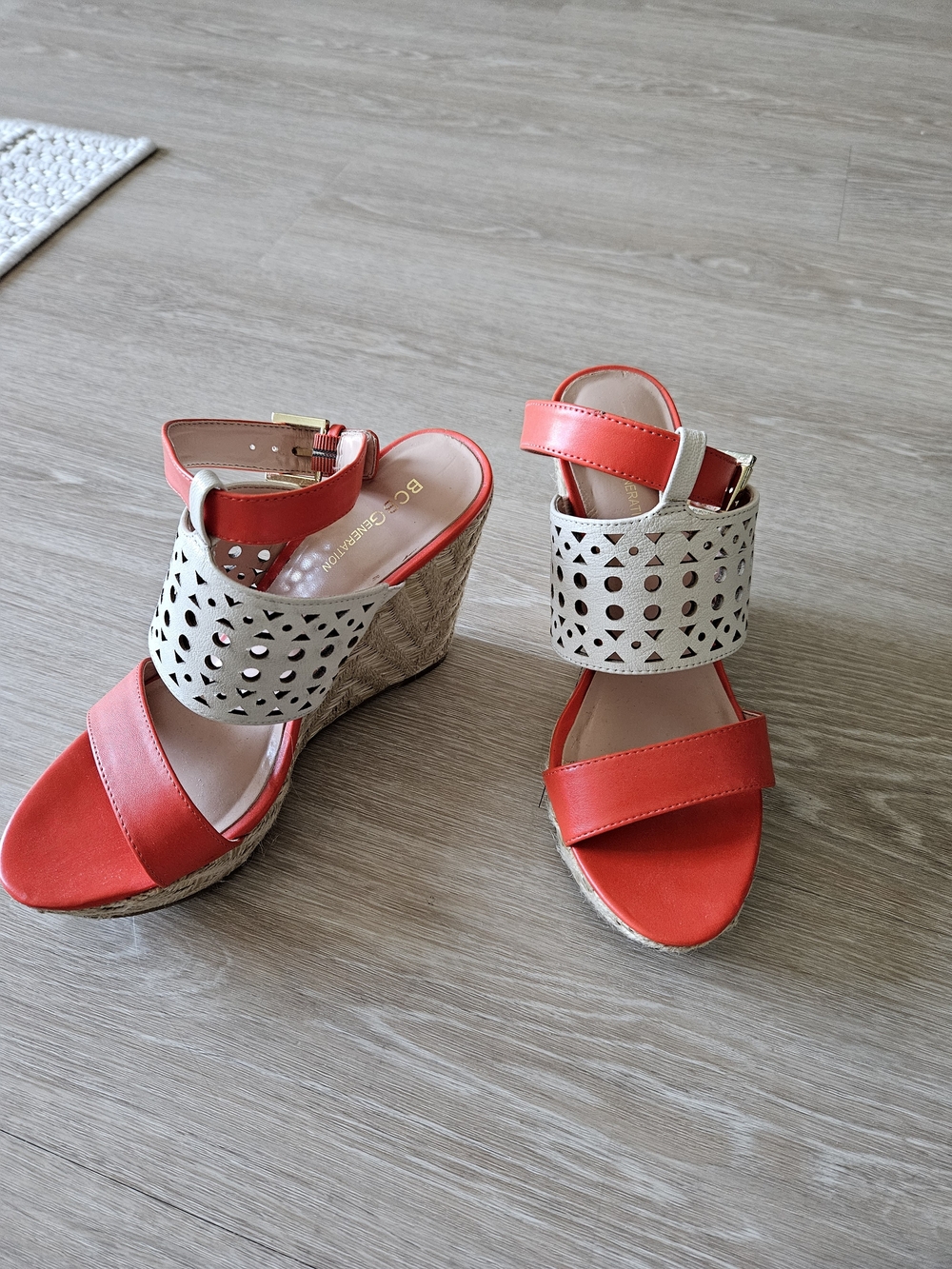 BCBGeneration Bright Red/Orange and Cream Wedge Sandals